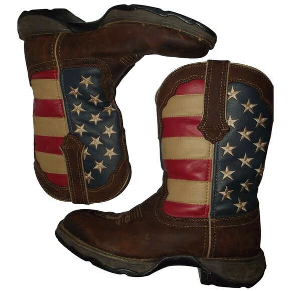 Durango Cowboy Boots Womens 7.5M Lady Rebel Patriotic Flag Brown Leather 10" - Picture 1 of 14